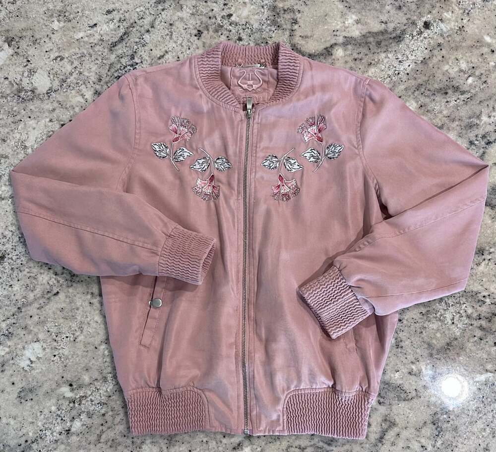 Odyn Micro Corduroy Bomber Jacket Size M Pink Floral Embroidered Zip